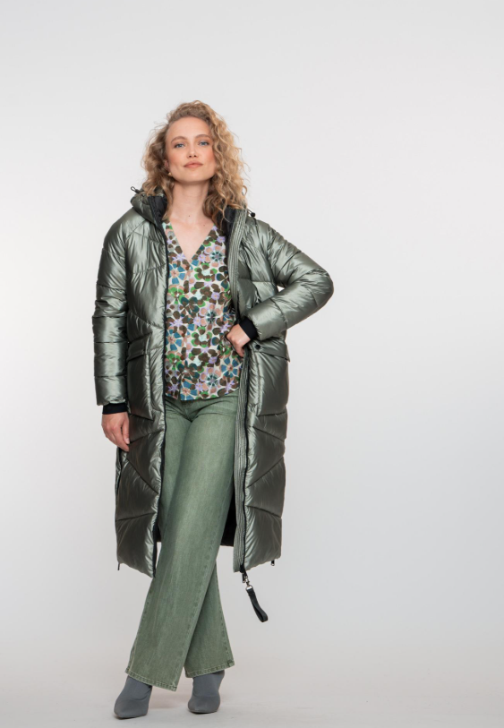 Winterjas met kap - soft green metallic