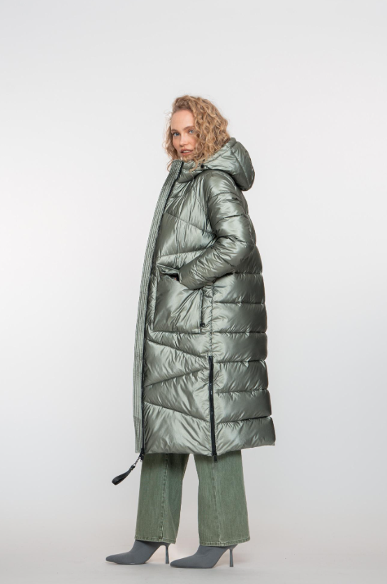 Winterjas met kap - soft green metallic