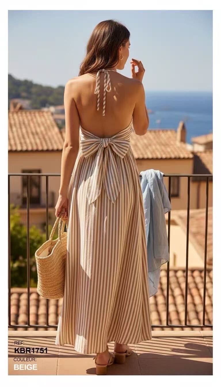 Gestreept kleedje strik - beige